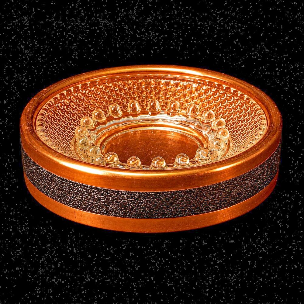 Vintage Copper Ashtray, Hobnail Glass, Faux Black Leather, MCM Man Mad Men- Vibe